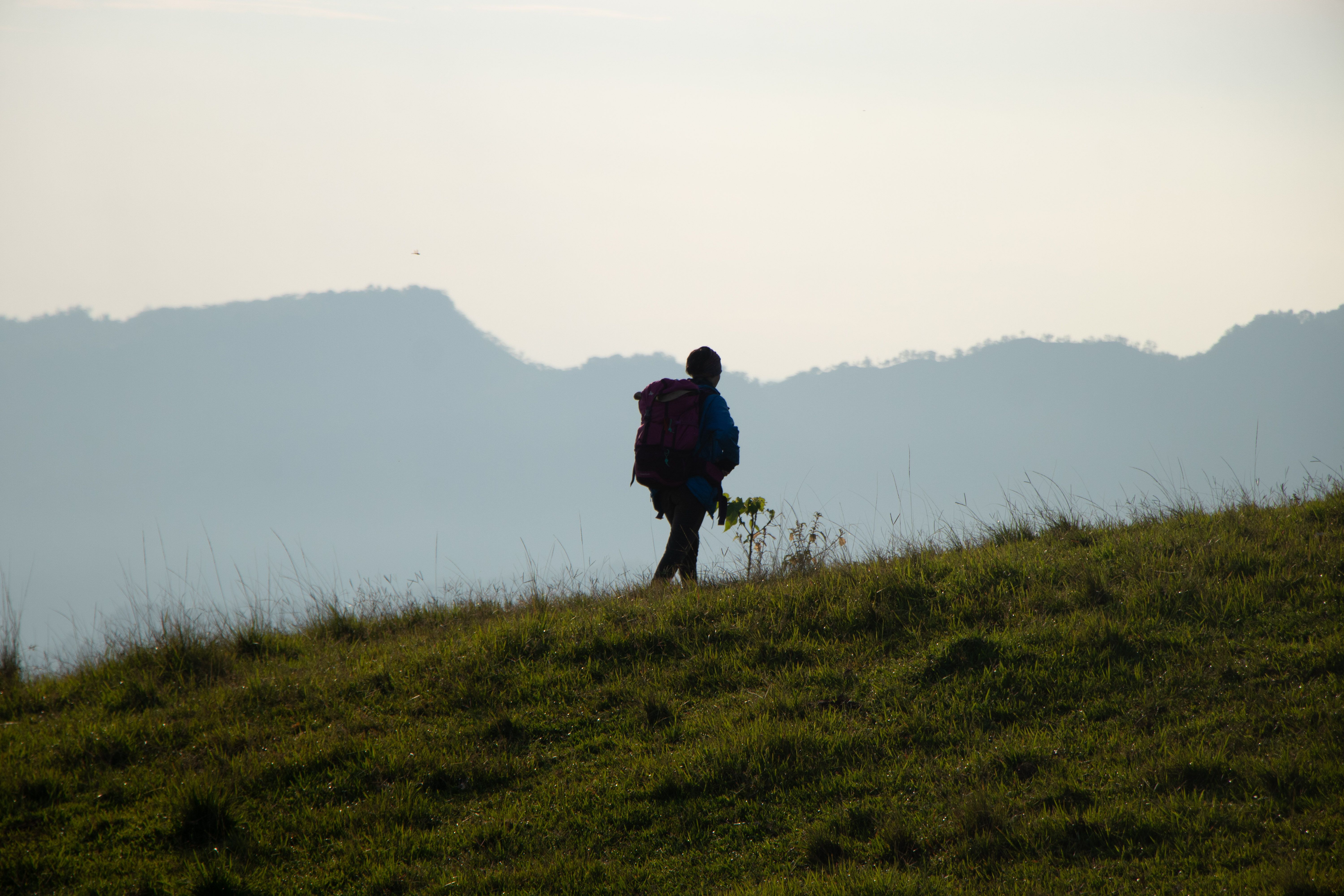 A person trekking with a hiking pack.