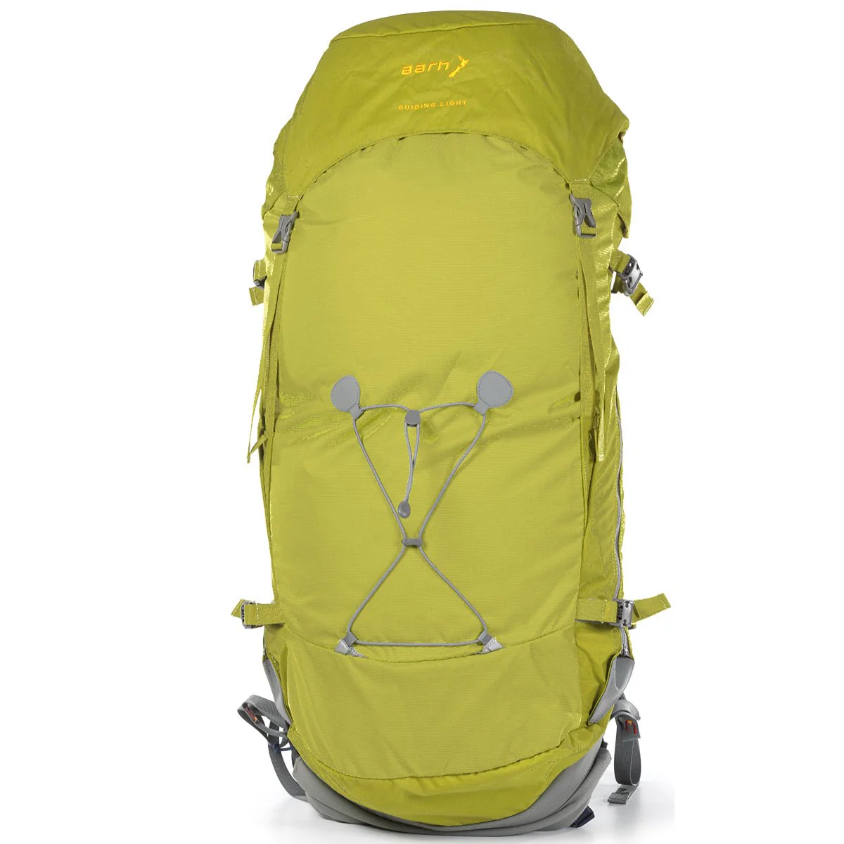 Yellow-green Aarn Guiding Light backpack with front bungee cord storage and side compression straps