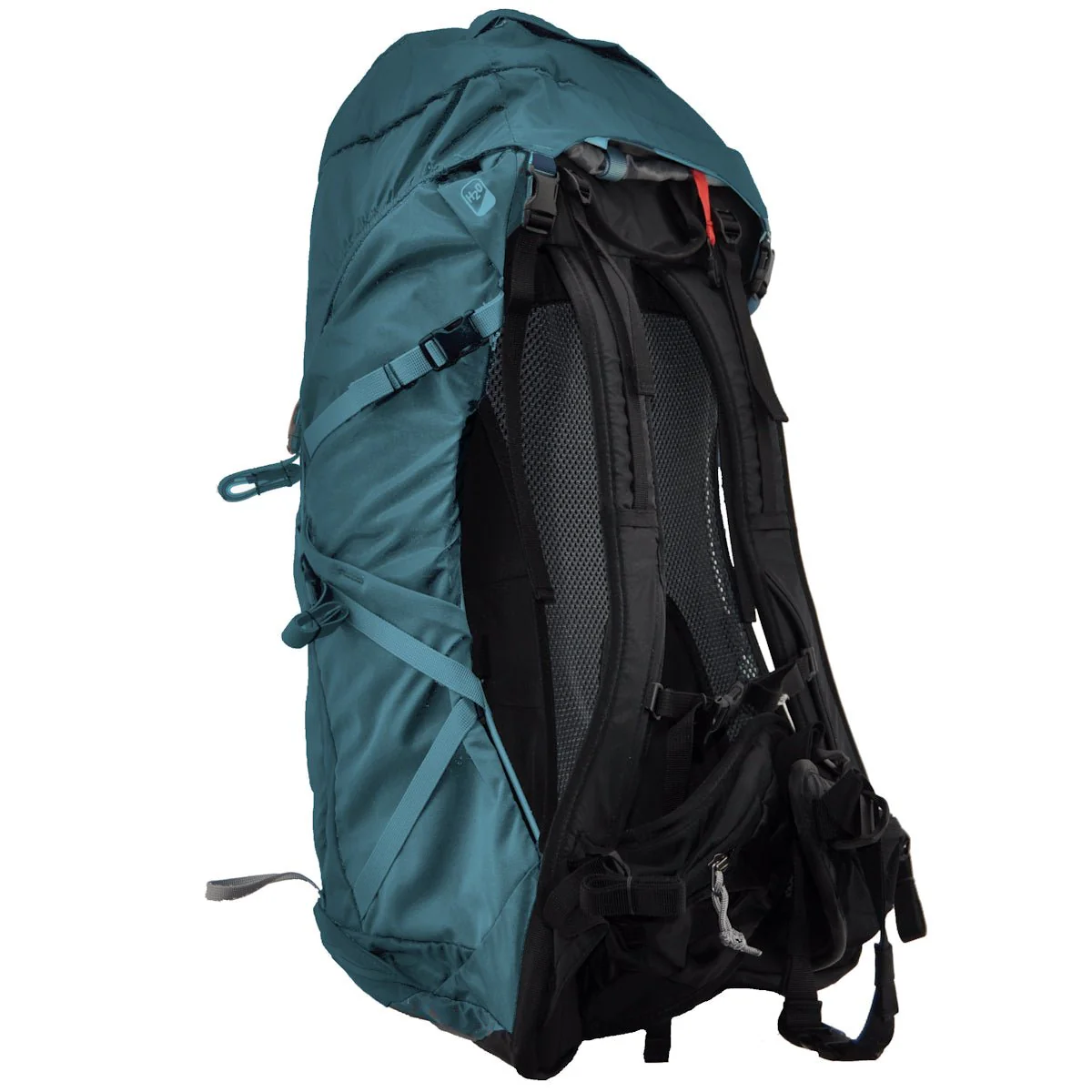 Aarn Hump 20 hiking backpack in teal showing back panel and suspension system.
