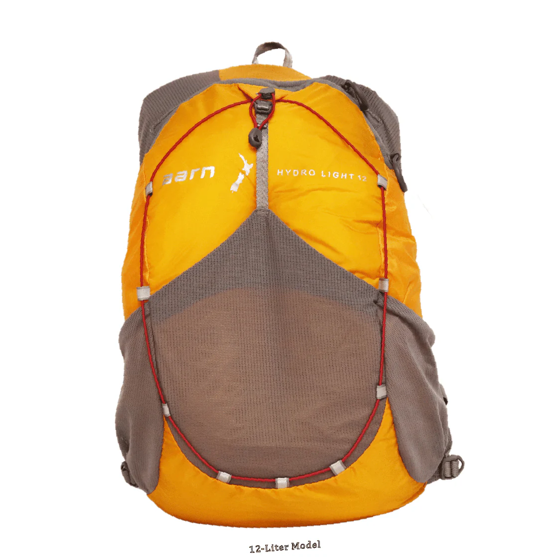Front view of the orange Aarn Hydro Light 12 backpack with mesh stretch panel and red bungee cord.