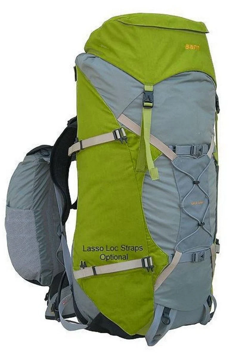 An image shows a large green and grey 70 Liter Aarn Load Limo Backpack.