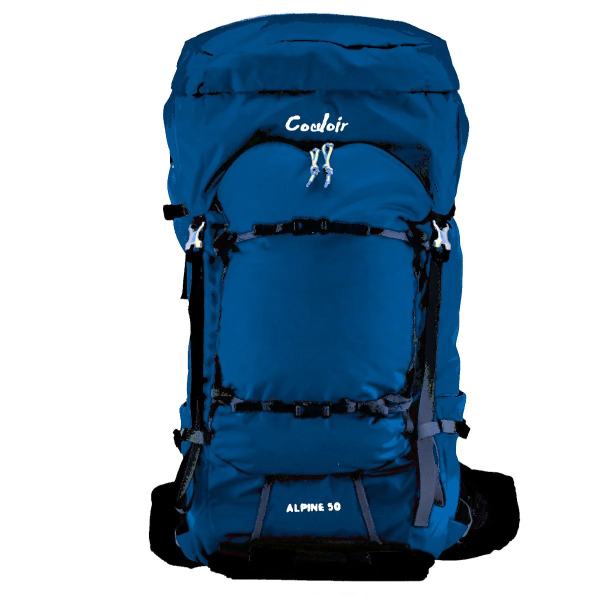 Blue Alpine 50 hiking backpack with multiple compartments.