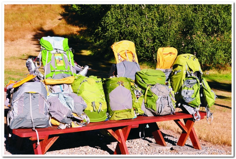 Several Aarn backpacks are placed on a wooden bench in the outdoors