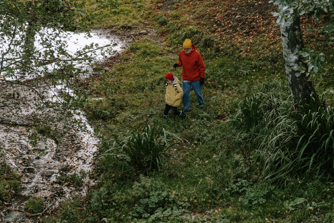 A child hiking in the woods
