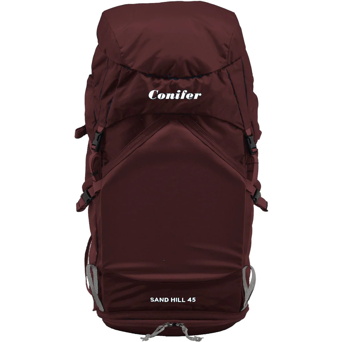 Conifer Sand Hill 45 hiking backpack in dark red on a white background.