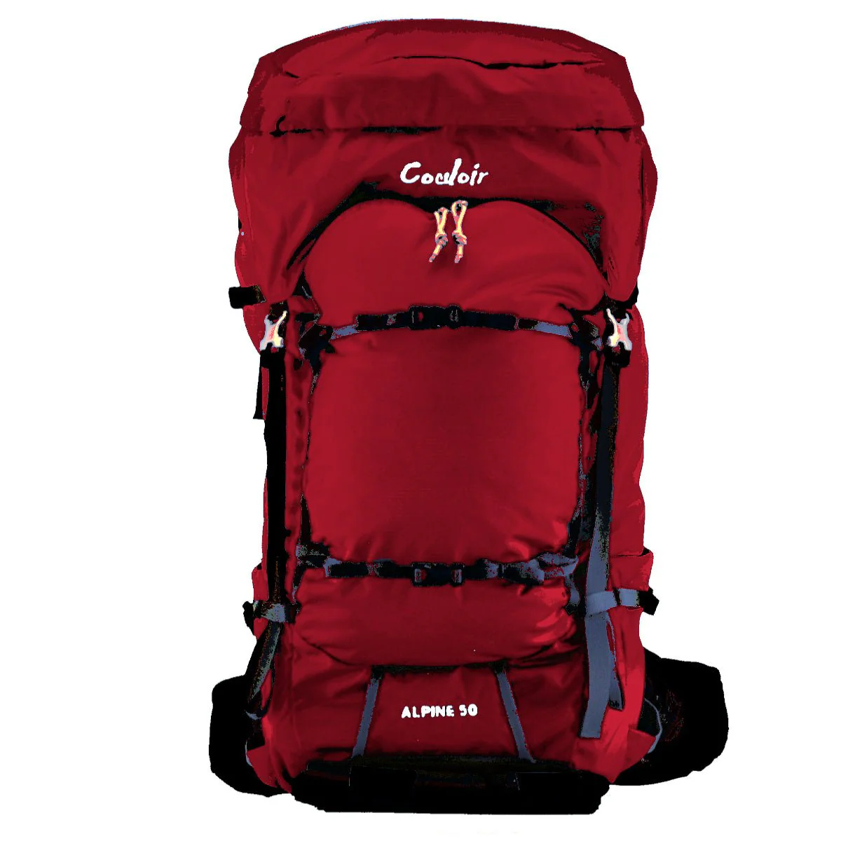 Red Couloir Alpine 50 mountaineering backpack with reinforced front compression straps