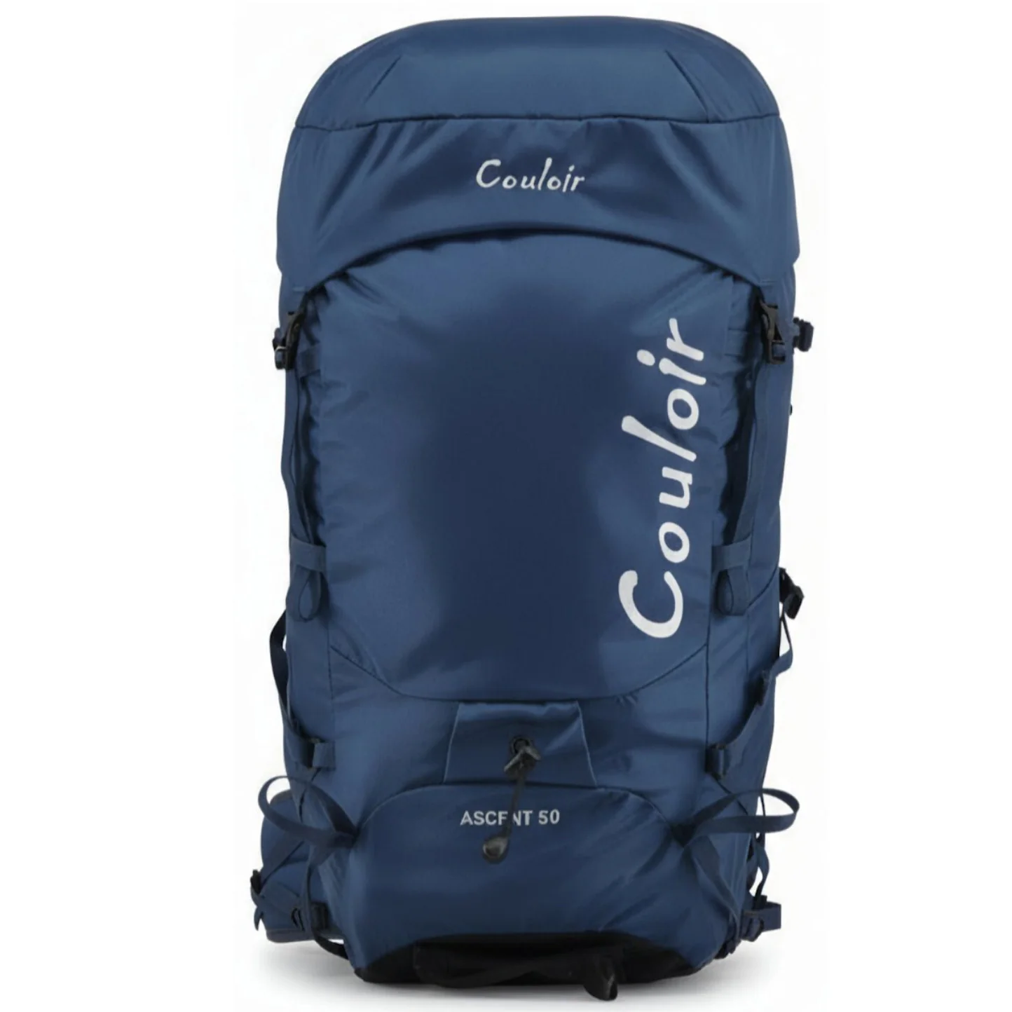 Navy blue Couloir Ascent 50 mountaineering backpack with front bungee storage and side compression straps