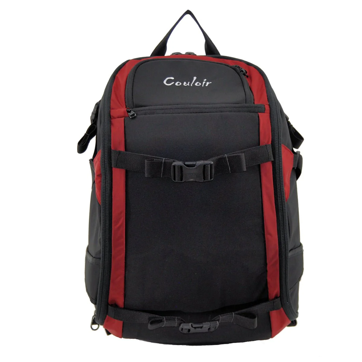 Black and red Couloir daypack with front compression strap and top grab handle