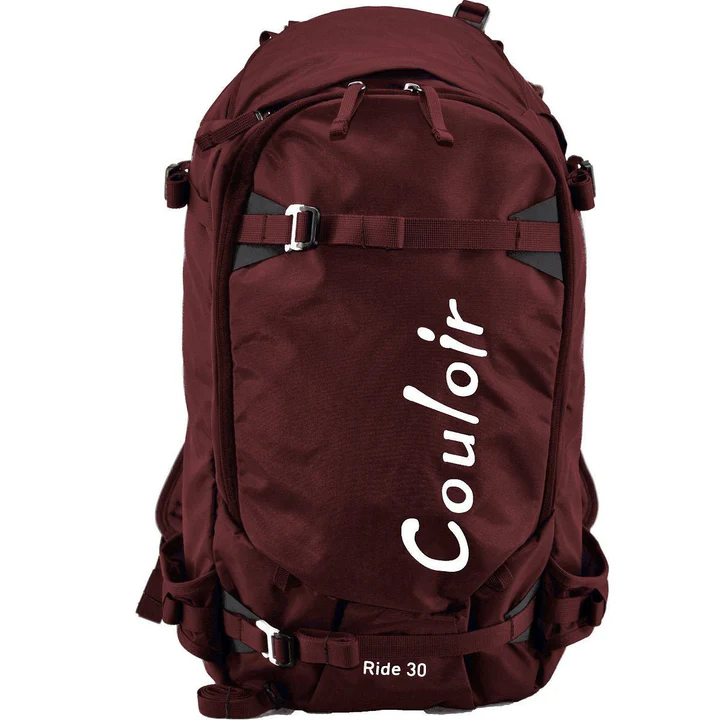 Maroon Couloir Ride 30 ski backpack with diagonal ski carry straps and front buckle compression