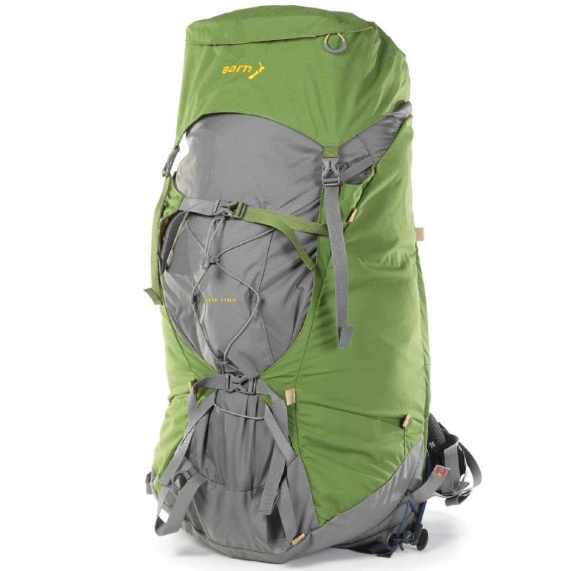 Green and gray trekking backpack with structured frame, compression straps, and padded hip belt