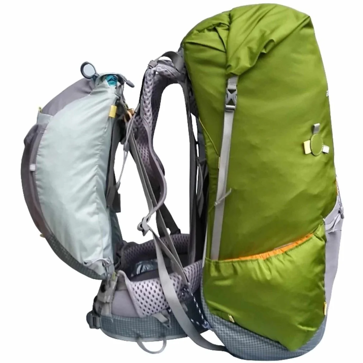 A green and gray hiking backpack shown from the side, featuring a ventilated back panel, padded straps, and multiple compartments.
