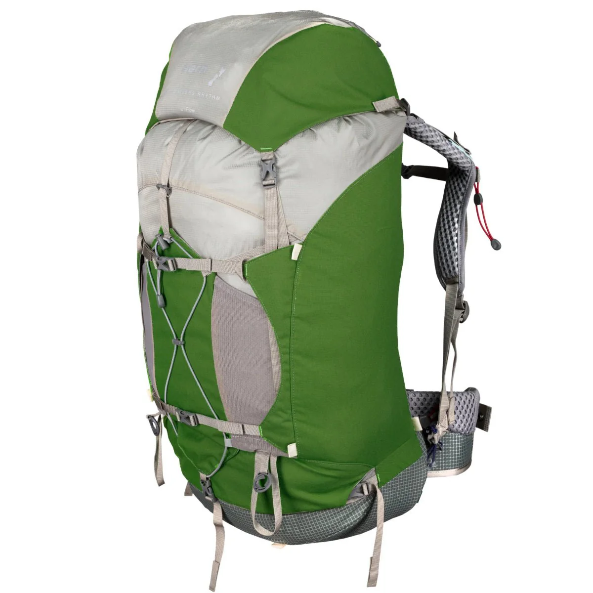 Green and gray multi-day hiking backpack with adjustable shoulder harness and hip belt
