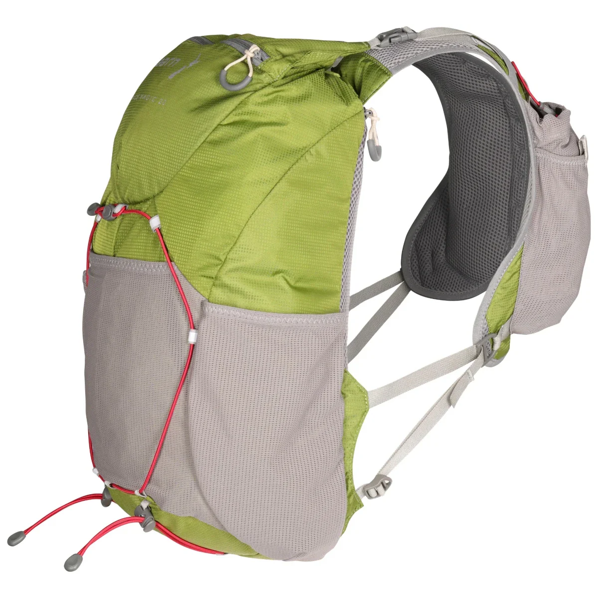 Green and gray trail running hydration vest with mesh front pockets and adjustable cord pulls