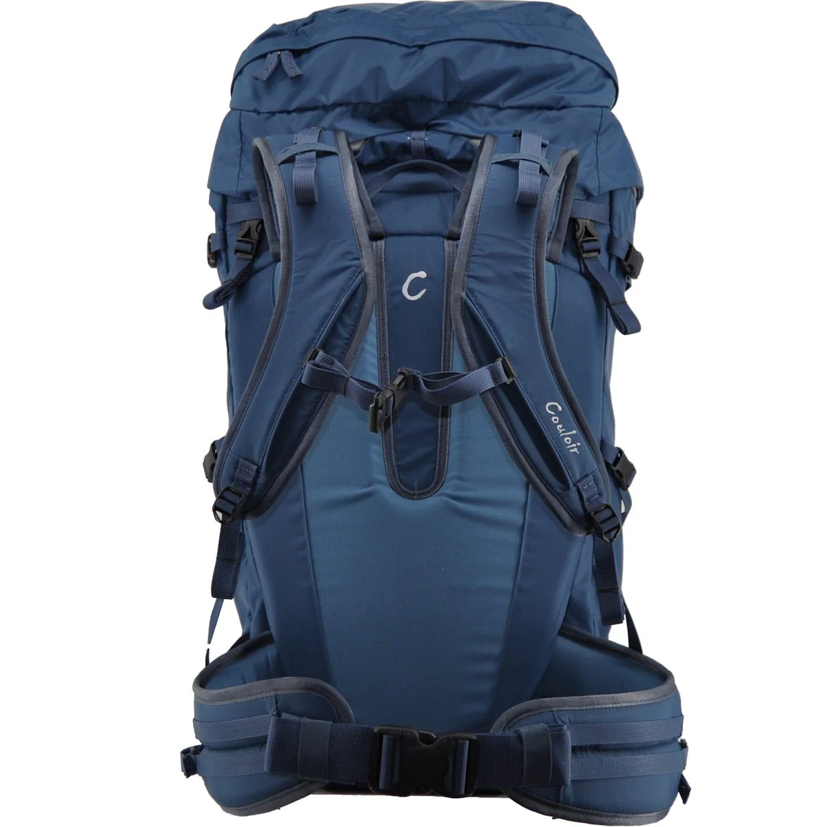 the backside of a blue alpine backpack
