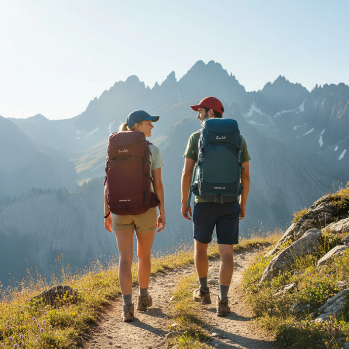 A picture shows two hikers wearing Conifer 45L Sand Hill Hiking Packs during a mountain hike.