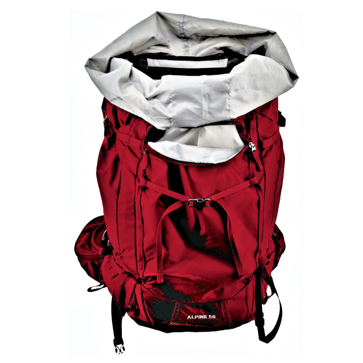 Red Alpine 50 backpack shown open with roll-top lid and gray interior liner