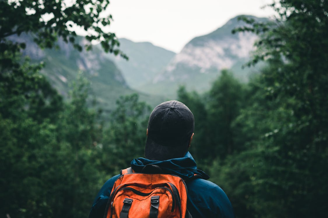 Hiker with trekking backpack overlooking forest and mountain valley.